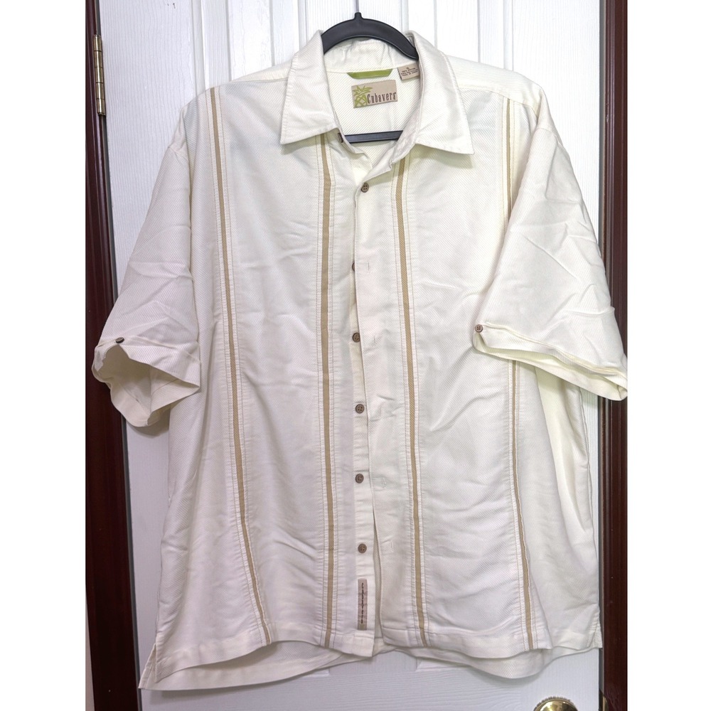 Cubavera Mens XL Short Sleeve Button Down Shirt Cream Guayabera Textured Rayon